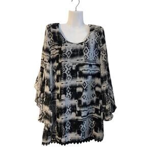 Anama Southwest Crochet Lace Trim Bell Sleeve Dress SZ M Dressy Artsy Party